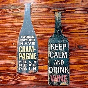 Set of 2 retro look painted distressed metal Wine & Champagne wall decor signs
